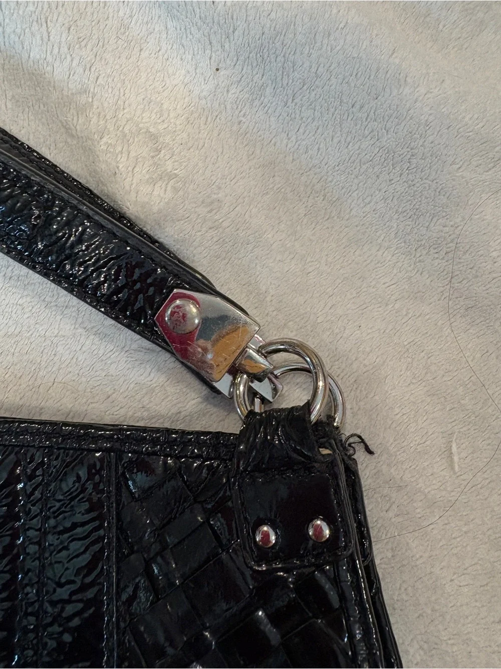 Elliott Lucca Black Patent Hobo with Woven Side Panels